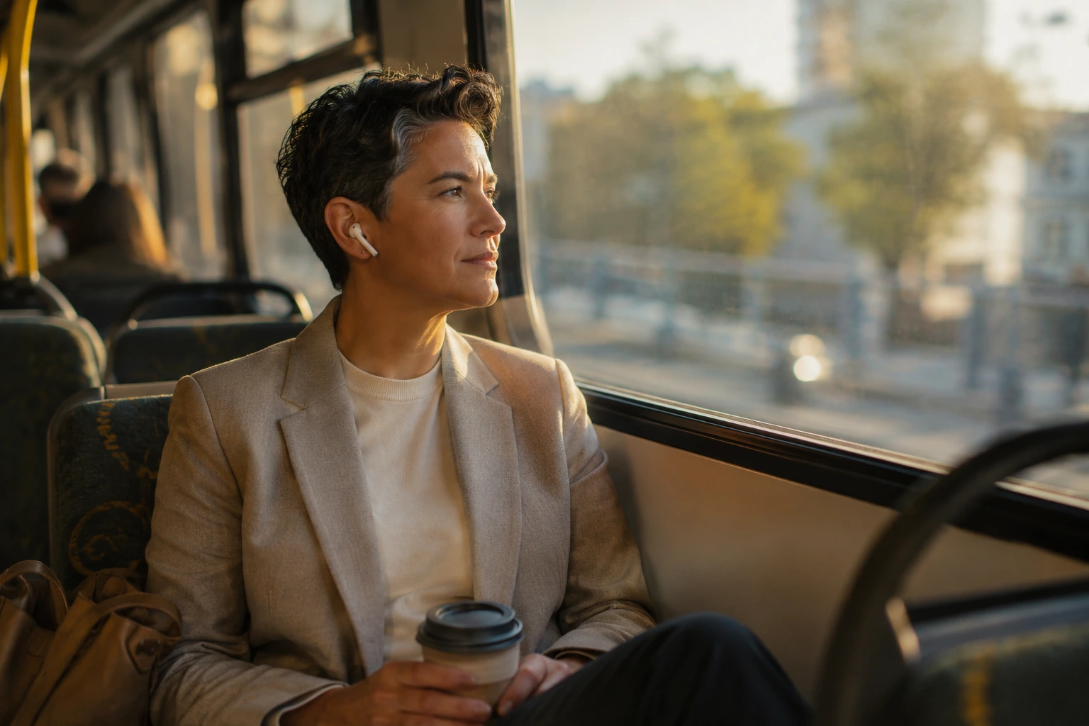 Professional listening to a podcast on their morning commute