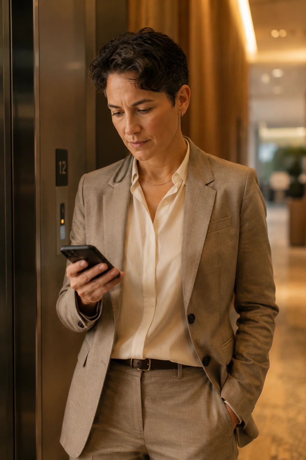 Professional in a lift or corridor, phone in hand