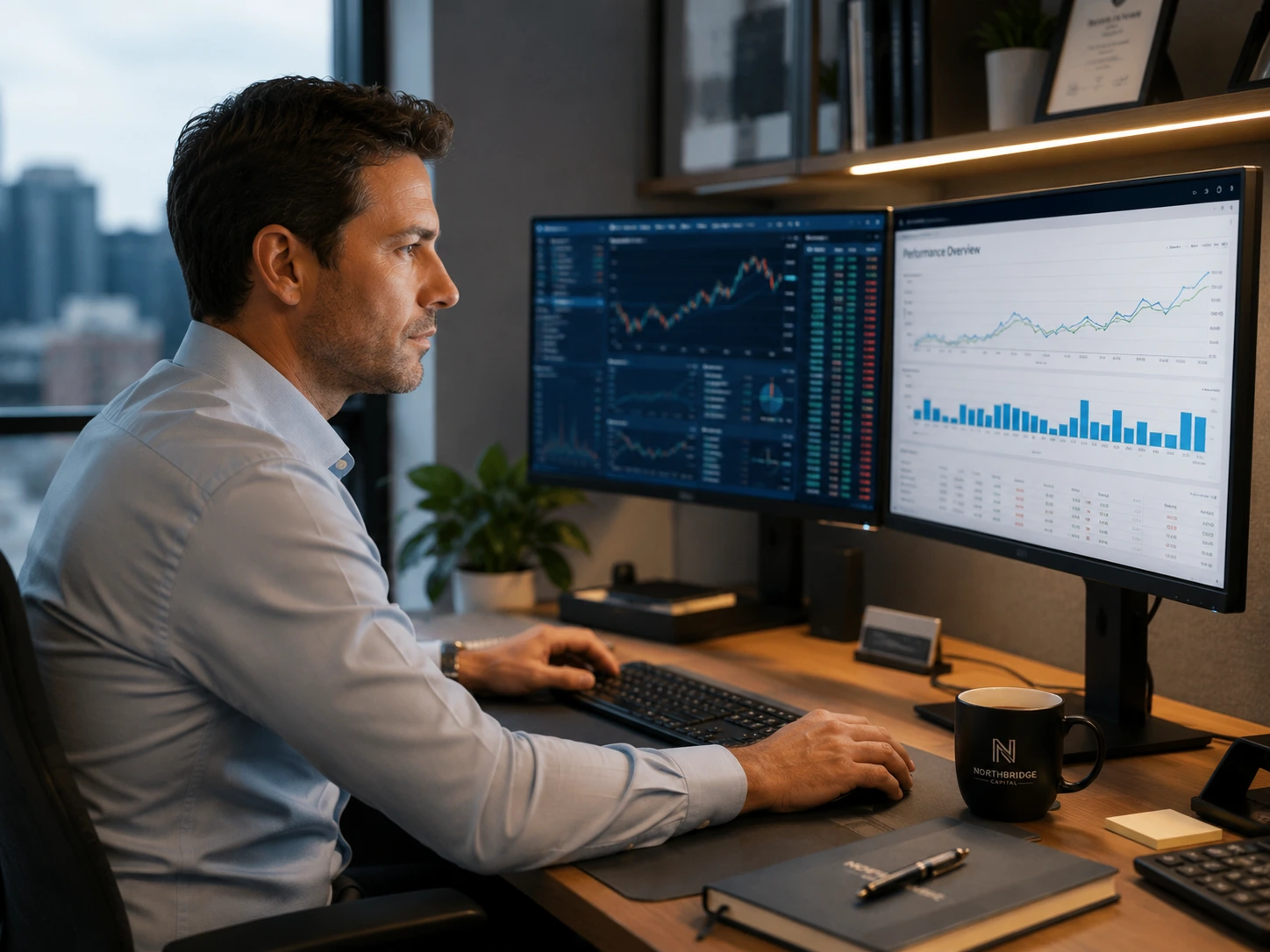 James — investment analyst with dual monitors showing financial data