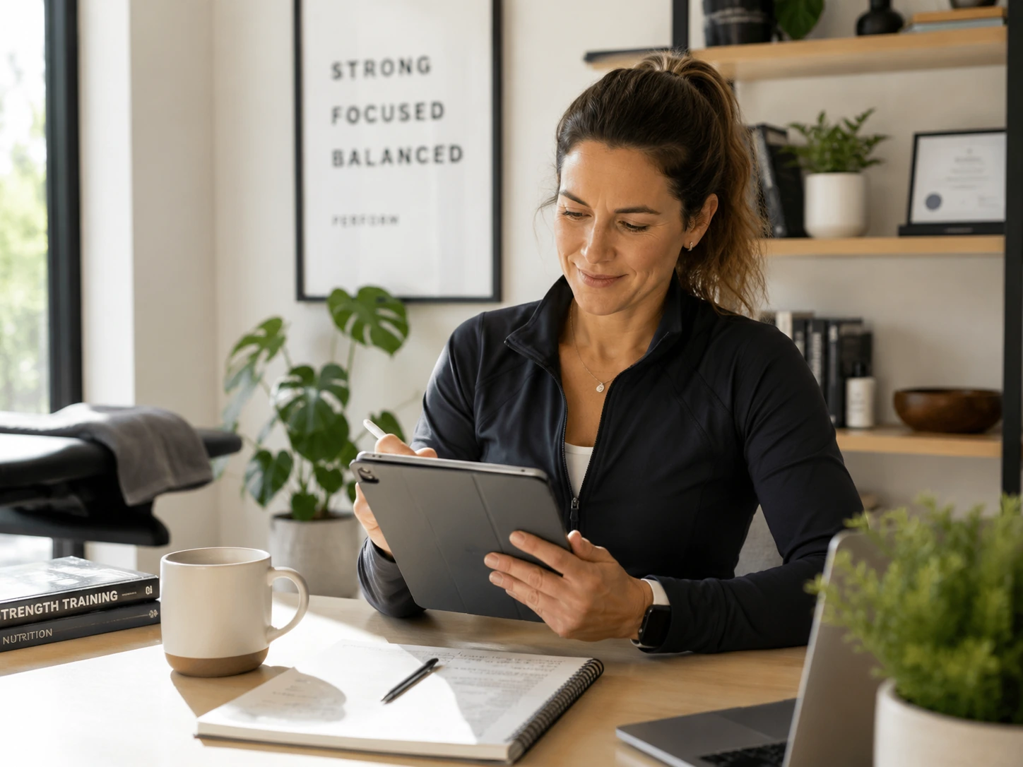 Sarah — health and wellness practitioner reviewing notes on tablet