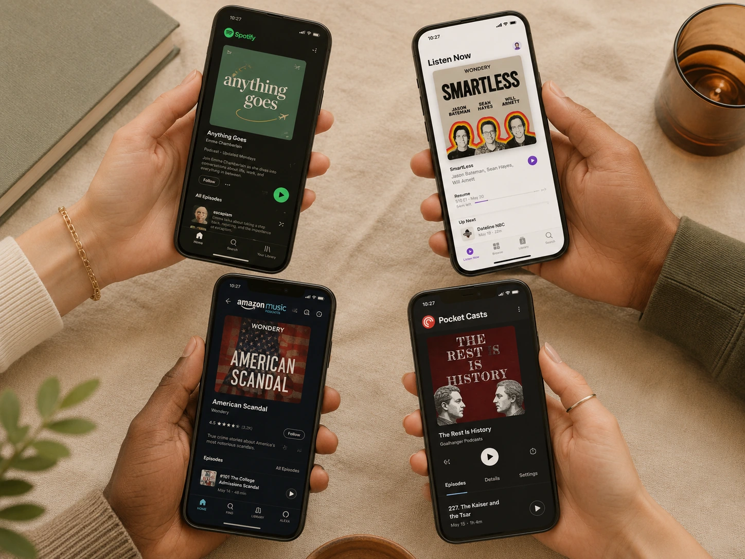 Four hands holding phones showing different podcast apps