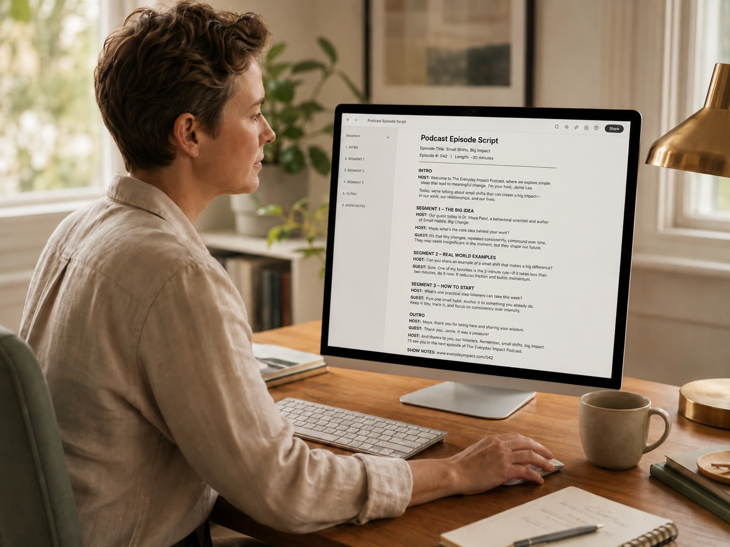 Person reviewing a script on screen, hand near mouse