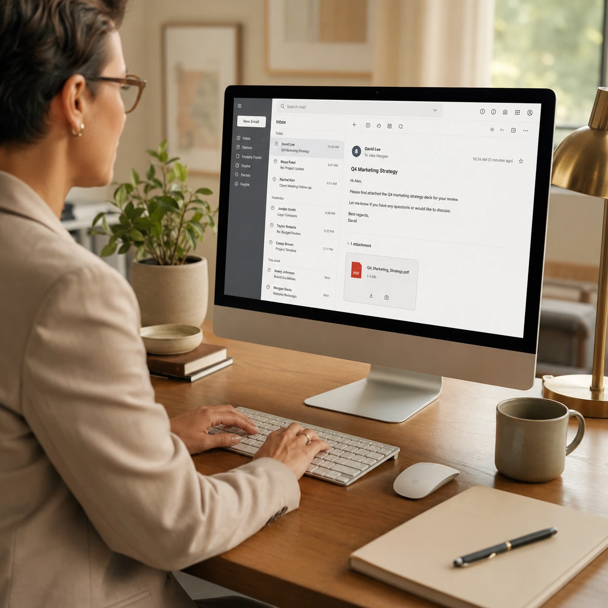 Hands on keyboard with email client open and PDF attachment visible