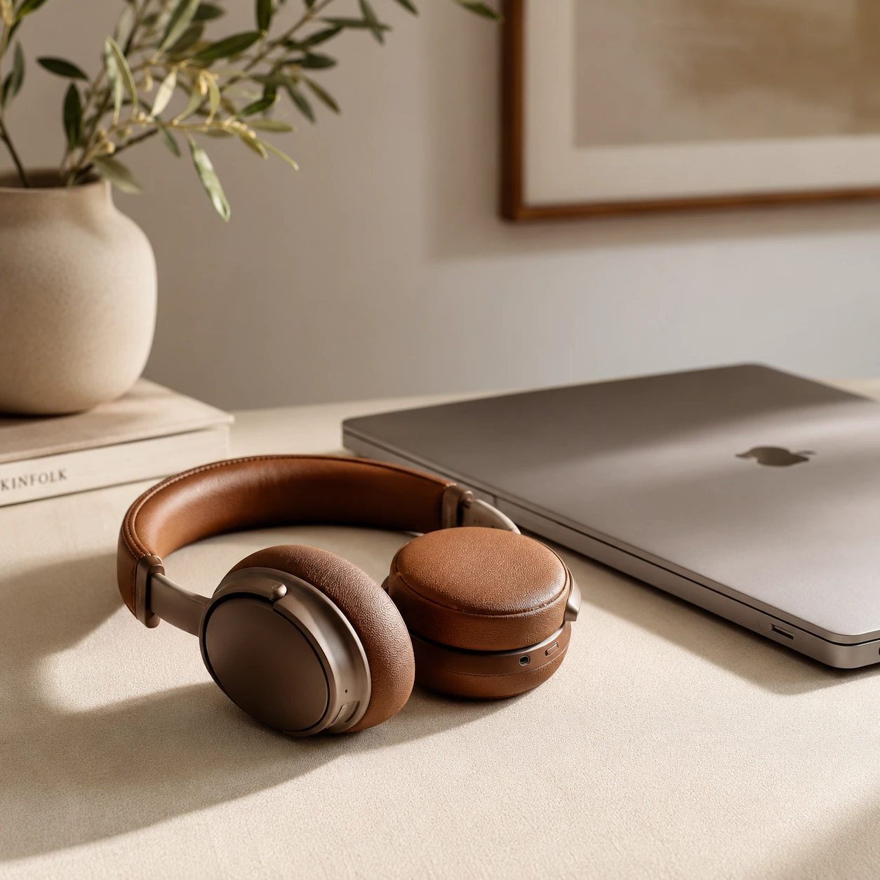 Over-ear headphones resting on a minimal desk beside a closed laptop